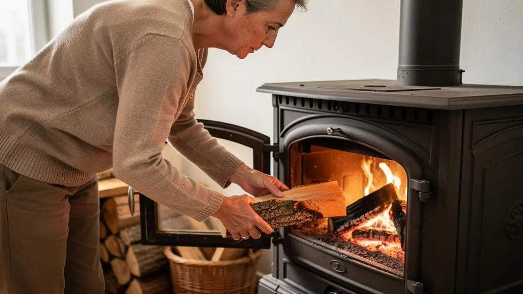 Propriétaire chargeant des bûches de bois dans un poêle à bois dans son intérieur résidentiel