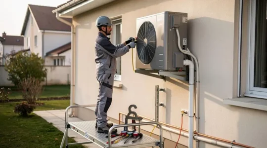 Technicien installant une pompe à chaleur air-eau sur la façade extérieure d'une maison résidentielle française