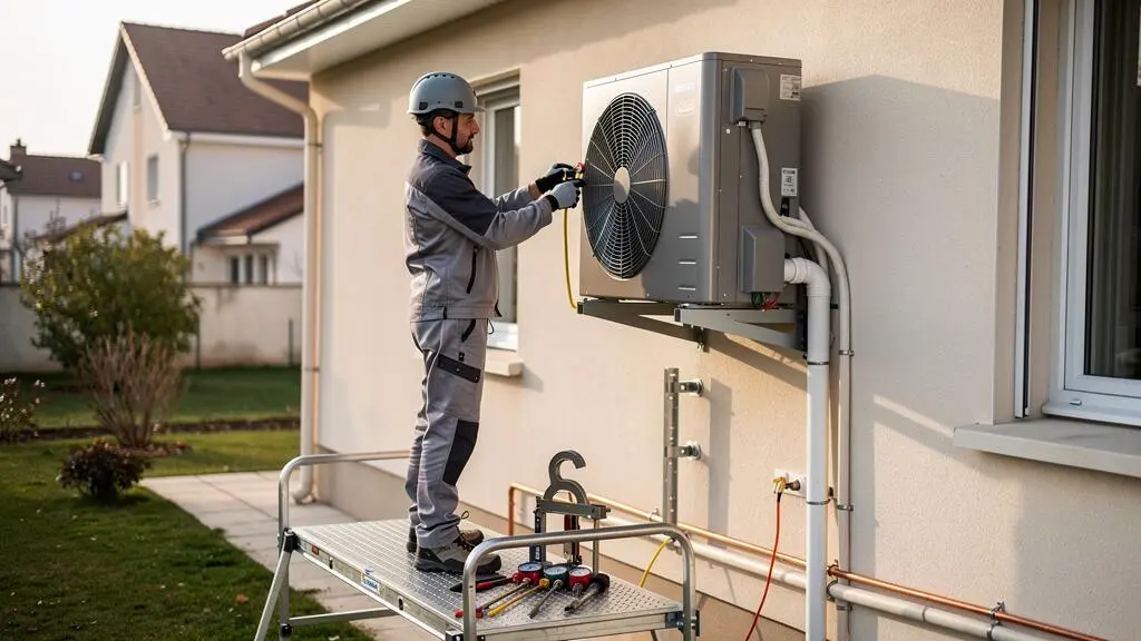 Technicien installant une pompe à chaleur air-eau sur la façade extérieure d'une maison résidentielle française