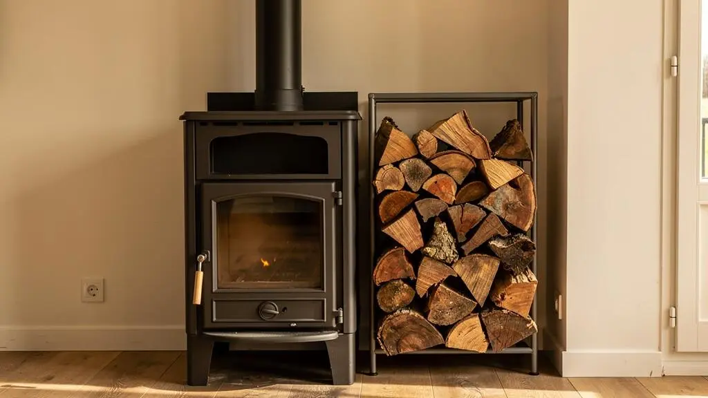 Poêle à bois installé dans un intérieur de maison avec stockage de bûches organisé à proximité