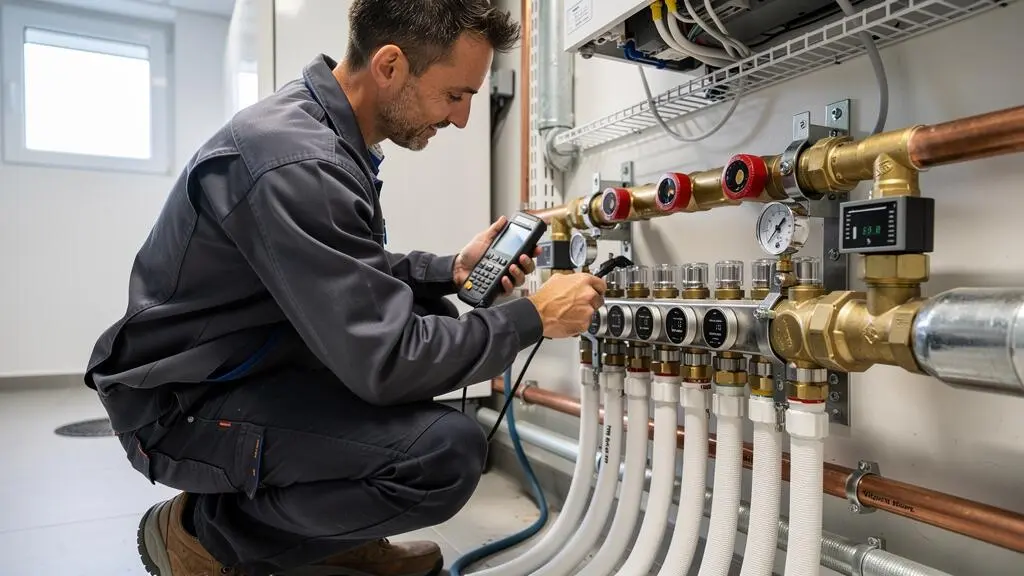 Technicien effectuant des réglages sur un système de distribution de chauffage basse température relié à une pompe à chaleur